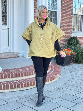 Quilted Short Sleeves Puffer Pullover Poncho Mustard