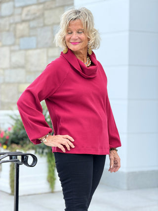 Women's Bubble Sleeve Cowl Neck Rib Knit Top SCARLET Cathys Place