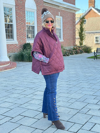 Quilted Short Sleeves Puffer Pullover Poncho Burgundy Cathys Place