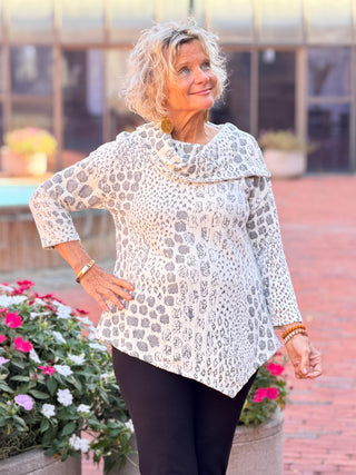 Women's Split Cowl Neck Animal Jacquard Chenille Top IVORY Cathys Place