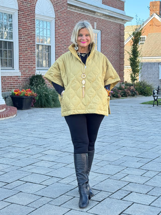 Quilted Short Sleeves Puffer Pullover Poncho Mustard