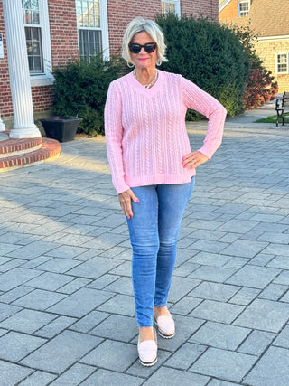 Cable-Knit Cotton PINK  V-Neck Sweater