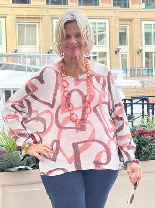 One Size Beige Heart Printed Knitted Sweater