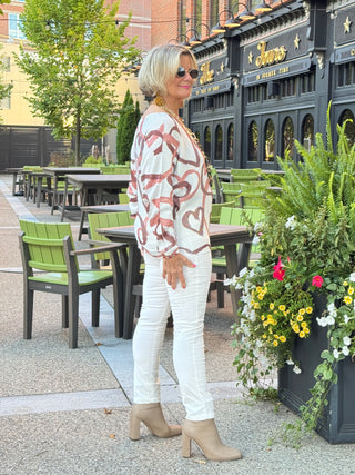 One Size Beige Heart Printed Knitted Sweater