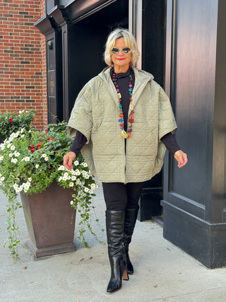 Oversize Quilted Puffer Hood Cape Poncho  SAGE