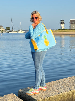 EMBROIDERED PINEAPPLE PATCH FRINGE TOTE BAG.