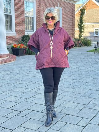 Quilted Short Sleeves Puffer Pullover Poncho Burgundy