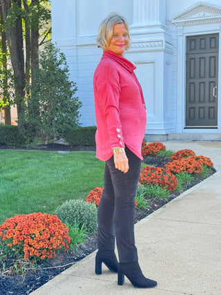 Women's Cowl Neck Cozy Hatchi Drawstring Top CHERRY