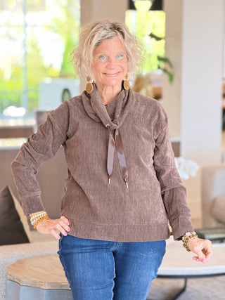 Women's Satin Drawstring Cowl Neck Velveteen Top COCOA Cathys Place