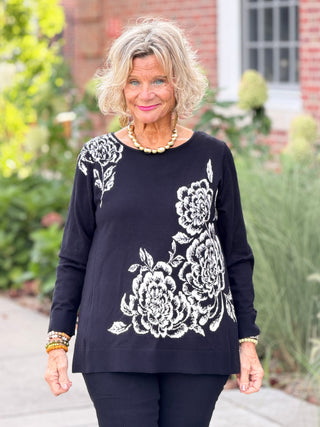 Women's Floral Placement Eyelash Sweater BLACK Cathys Place
