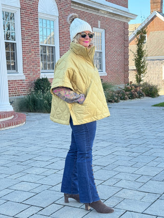Quilted Short Sleeves Puffer Pullover Poncho Mustard Cathys Place