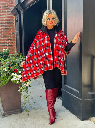 Flannel Plaid Zip Front Poncho RED AND BLACK