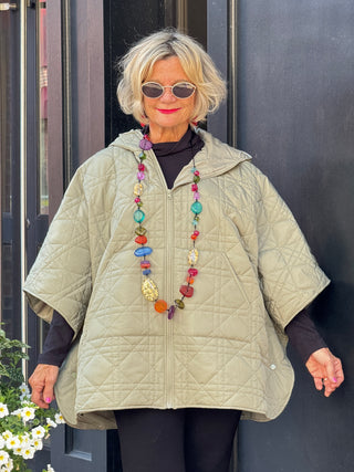 Oversize Quilted Puffer Hood Cape Poncho  SAGE