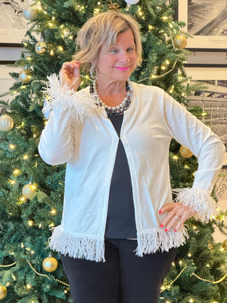 LULU-B WHITE CASHMERE FRINGE CARDIGAN
