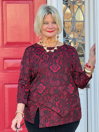 Women's Floral Flocked Texture Lace Trim Top BLACK Cathys Place