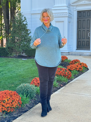 Women's Cowl Neck Cozy Hatchi Drawstring Top FOREST