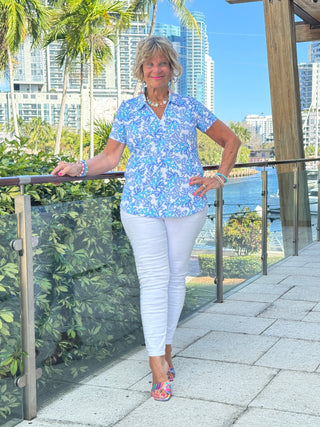 LULU B CORAL BREEZE SHORT SLEEVE V-NECK COLLAR TOP