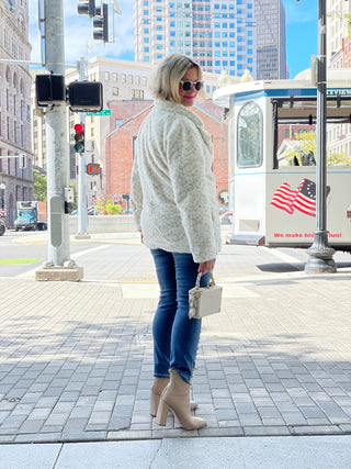 BLUE/CREAM PLAID FAUX FUR JACKET OR COAT - Cathys Place