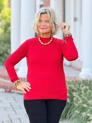 Ribbed Knit Mock Neck Sweater RED CHARLIE B