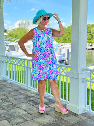 PINK PALM TREE  SHIFT RUFFLE DRESS