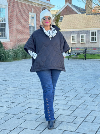 Quilted Short Sleeves Puffer Pullover Poncho Black Cathys Place
