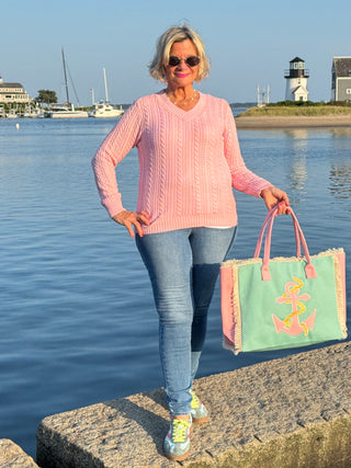 Cable-Knit Cotton PINK  V-Neck Sweater