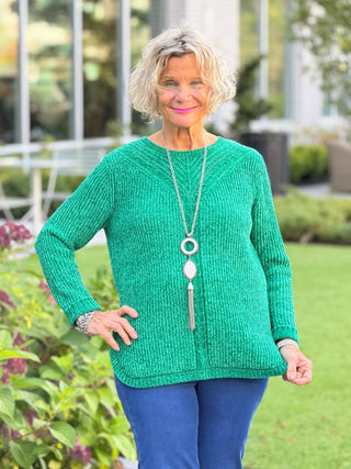 Women's Luster Chenille V-Neck Cable Sweater EMERALD Cathys Place
