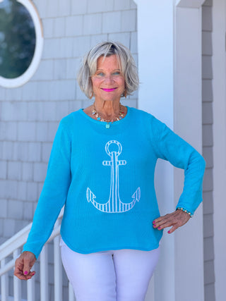 DOCKSIDE NAUTICAL AQUA STRIPE ANCHOR SWEATER Cathys Place