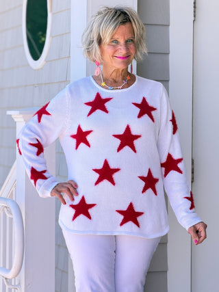 LULU B DOCKSIDE WHITE RED STAR FUZZY SWEATER LULU-B