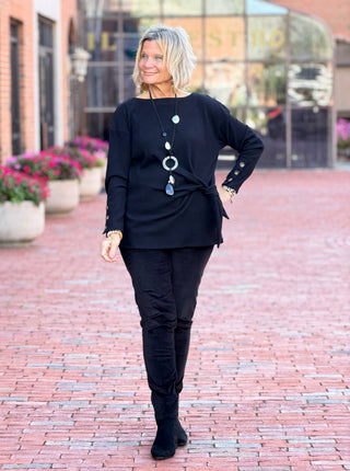 Women's Rib Knit Boat Neck Side Tie Top BLACK Cathys Place