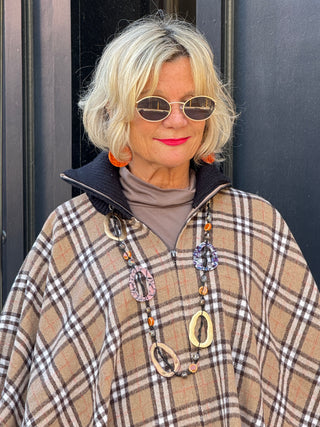 Flannel Plaid Zip Front Poncho BEIGE AND BLACK