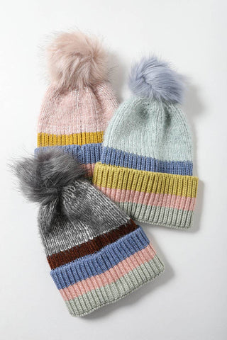 Multi Pastel Stripe Knit Pom Beanie Cathys Place