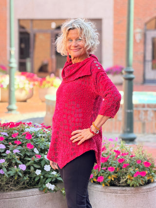 Women's Split Cowl Neck Animal Jacquard Chenille Top RUBY Cathys Place