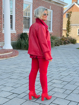 Women's Faux Leather Shearling Zip Front Jacket RED Cathys Place