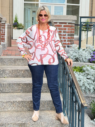 One Size Beige Heart Printed Knitted Sweater