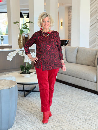 Women's Floral Flocked Texture Lace Trim Top Red Cathys Place