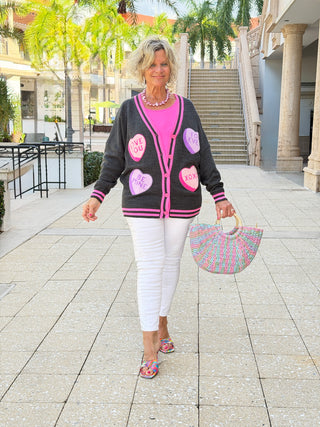 Chenille Patch Candy Hearts Relaxed Cardigan - Cathys Place