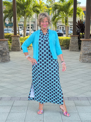BLUE MEDALLION RUFFLE MAXI