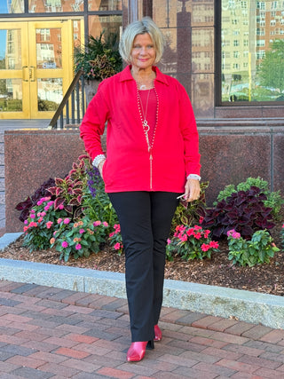 Crystal Zipper Cardigan with Collar Red