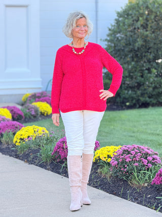 Women's Luster Chenille V-Neck Cable Sweater RED Cathys Place