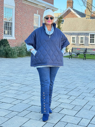 Quilted Short Sleeves Puffer Pullover Poncho Navy Cathys Place