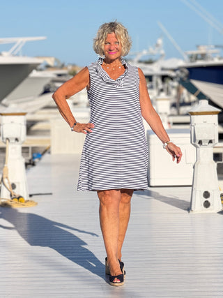 NAUTICAL NAVY SLEEVELESS RUFFLE DRESS LULU-B