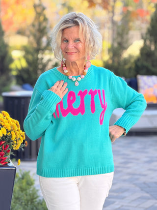 HOLIDAY AQUA MERRY SWEATER Cathys Place
