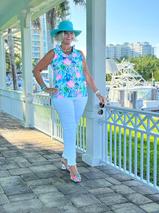 SEASHELL BEACH SLEEVELESS RUFFLE TOP