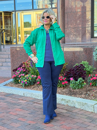 Crystal Zipper Cardigan with Collar Kelly Green