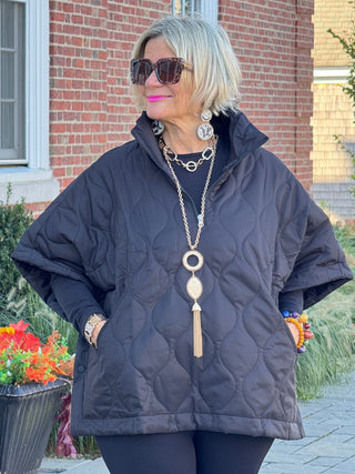 Quilted Short Sleeves Puffer Pullover Poncho Black