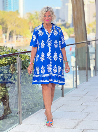 Geometric Collar Button Front Short Puff Sleeve Mini Dress 1 the Woman