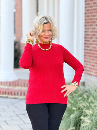 Ribbed Knit Mock Neck Sweater RED CHARLIE B