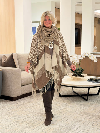 Leopard Bold Striped Oversized Slouchy Western Cape Poncho Cap Zone