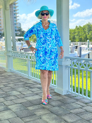 BLUE HEART DREAMING RUFFLE NECK DRESS